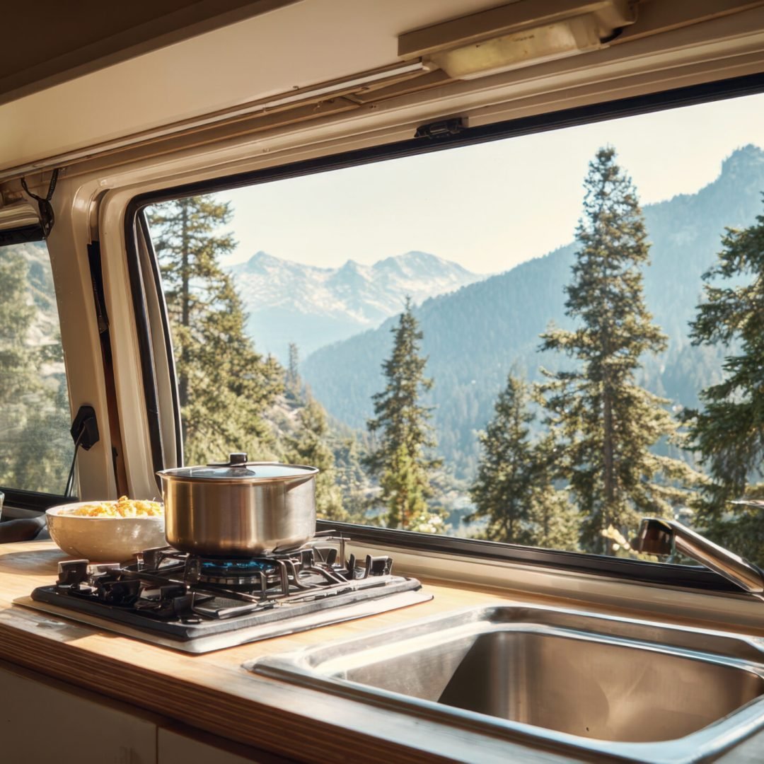 A person cooks on a stove inside a camper van. The window shows tall trees and mountains outside. Bright light fills the space.